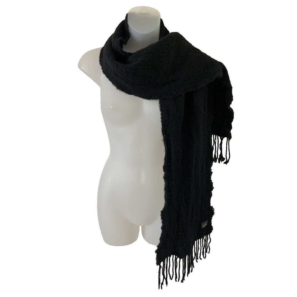 Cole Haan Scarf Women Cashmere Wool Black Texture Fringe Wrap Retangular 76"x11"